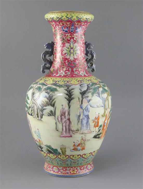 A Chinese famille rose two handled vase, possibly Republic period, H. 39.5cm